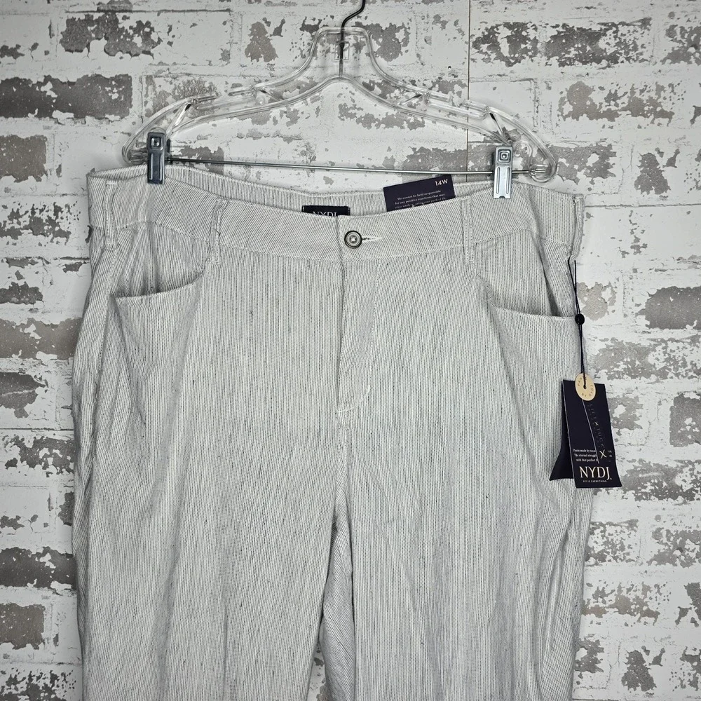 NEW NYDJ Pants Womens 14W Light Gray The Trouser Stubby Stripe‎ Linen Blend